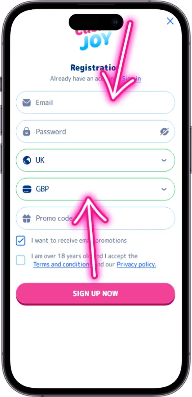 Casino Joy Register Form