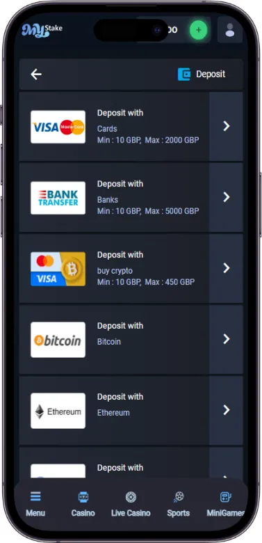 MyStake Casino deposit section