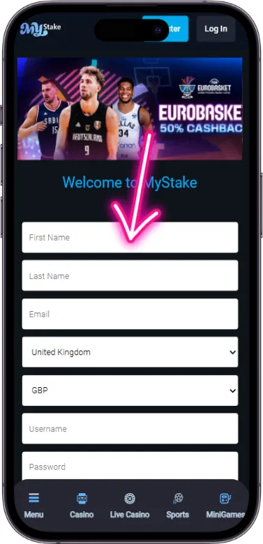 MyStake Casino register form