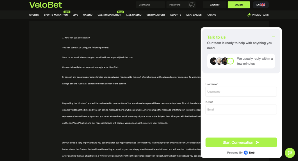 Customer Support Velobet